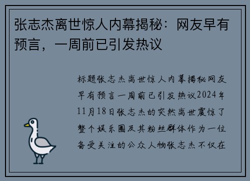 张志杰离世惊人内幕揭秘：网友早有预言，一周前已引发热议