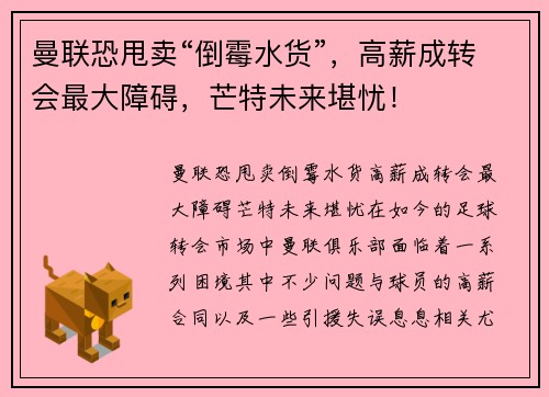 曼联恐甩卖“倒霉水货”，高薪成转会最大障碍，芒特未来堪忧！