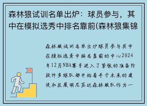 森林狼试训名单出炉：球员参与，其中在模拟选秀中排名靠前(森林狼集锦)