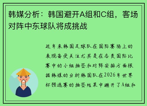 韩媒分析：韩国避开A组和C组，客场对阵中东球队将成挑战